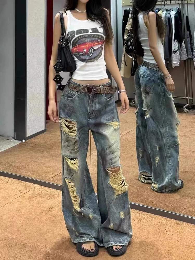 

Американские джинсы с широкими штанинами и высокой талией, рваные, синие, из денима, для женщин, летние, больших размеров, прямые, длинные, повседневные