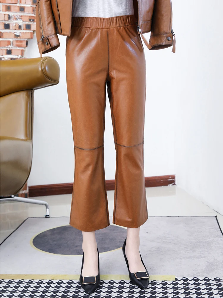 

Winter New Genuine Leather Pants Women's First Layer Sheepskin Bootcut Trousers Elastic Waist Cropped