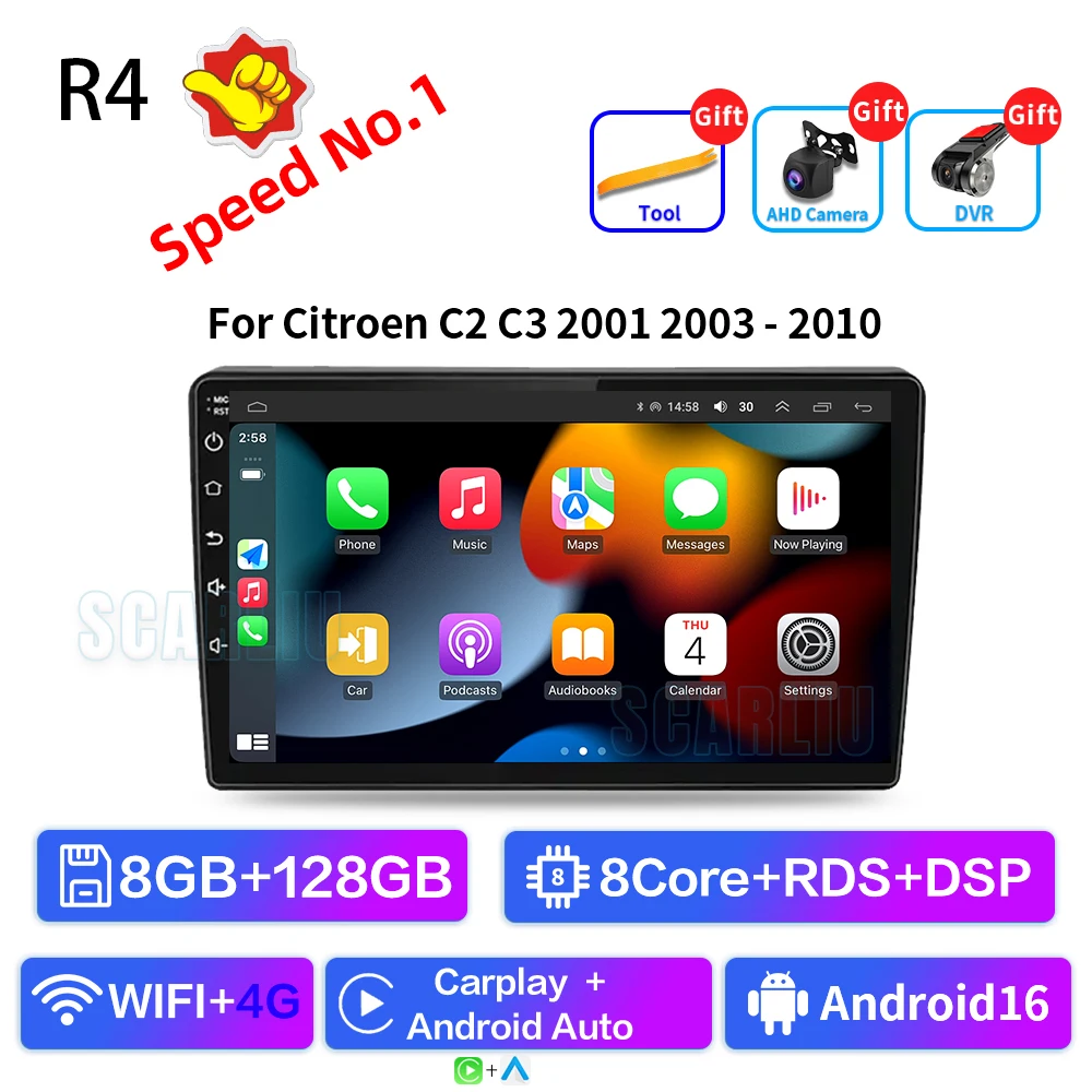 SISCL Android Auto Carplay Voor Citroen C2 C3 2001 2003-2010 Autoradio Multimedia Video Player WiFi GPS Navigatie DSP Stereo