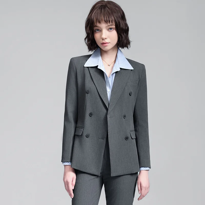 Double-breasted gray women's long-sleeve suit2025Autumn professional high-end hotel front desk receptionist workwear