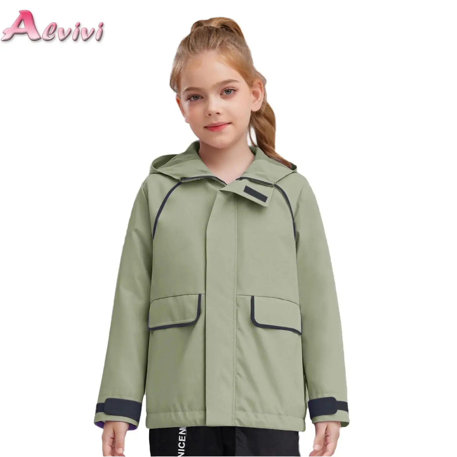 

Kids Girls Boys Water Resistant Hooded Jacket Stand Collar Long Sleeves Zipper Casual Coat Outdoor Outerwear with Flap Pockets