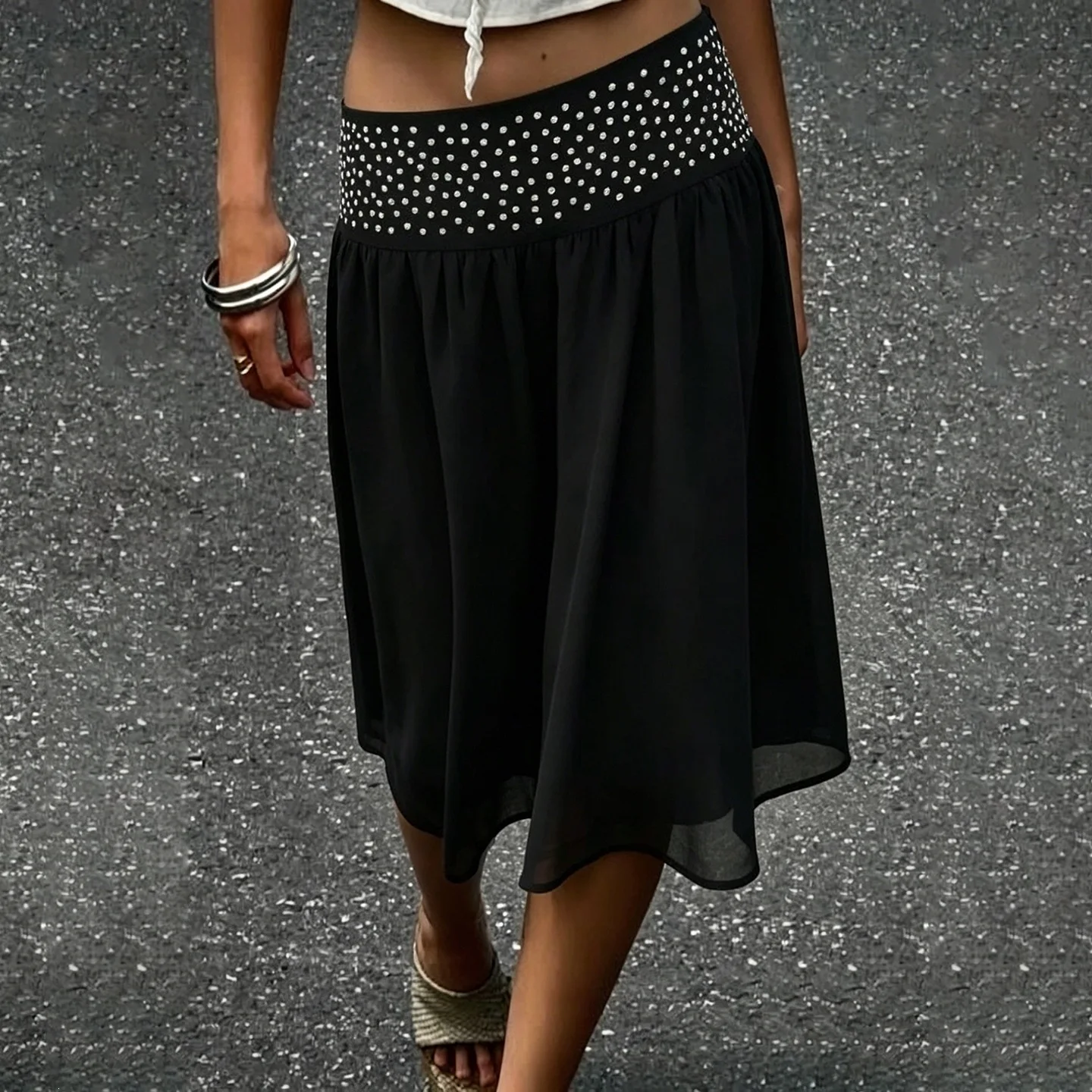 Elegant Low Waist Mid-length Skirt, Personalized Street Style Design, Hot Diamond Loose Drape Skirt