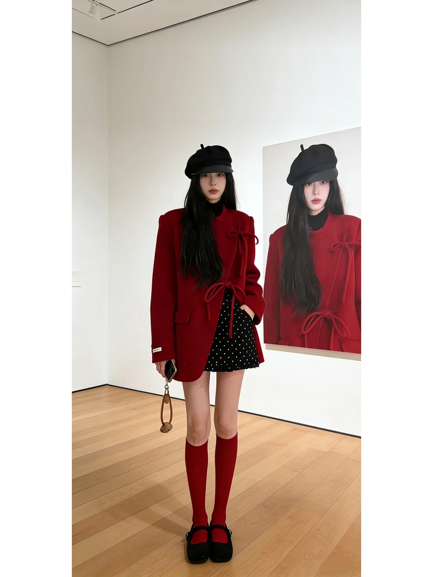 

Ele Red Polka Dot Midi Suit Outerwear High Waist Slim Fit Hong Kong Sle Faion Set Polyester Long Sve Warm Winter