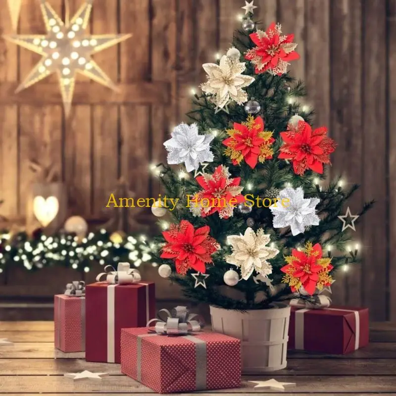 F26C 10pcs 14cm Glitter Artificial Poinsettia Christmas Flowers XmasTree Ornaments Christmas Decorations for Home New Year