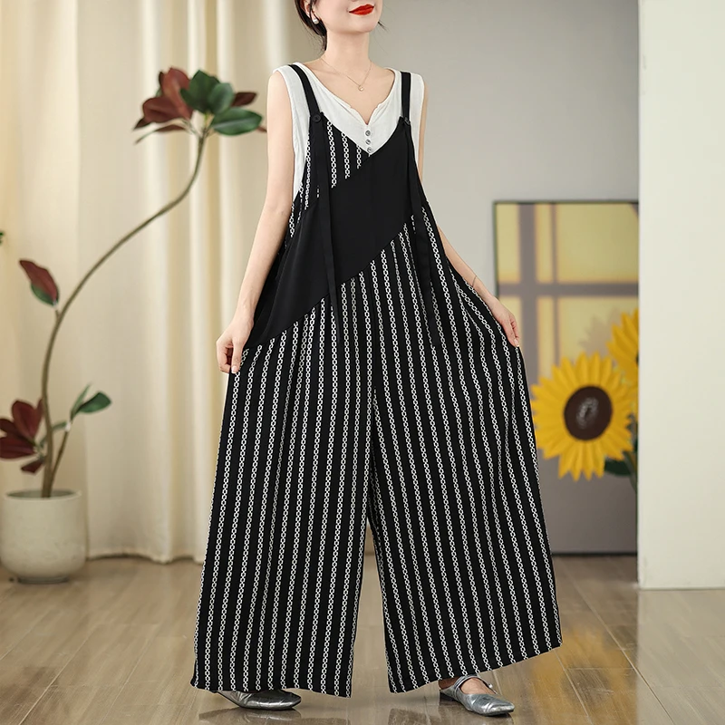 Trendy kleur Blo gestreepte overall loszittende verbergen flatterende wijde pijpen broek zomer casual hoge taille negen P...