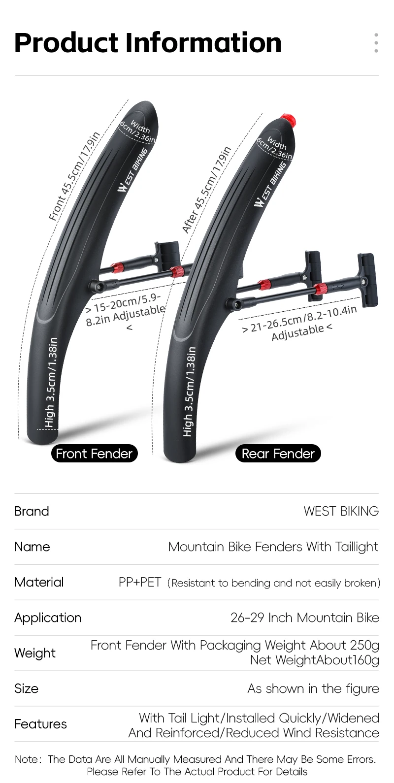 WEST BIKING Fahrrad-Schutzblech-Set für vorne/hinten mit Schnellverschluss und Rücklicht für 26-29 Zoll Mountainbike-Zubehör – Detail 3