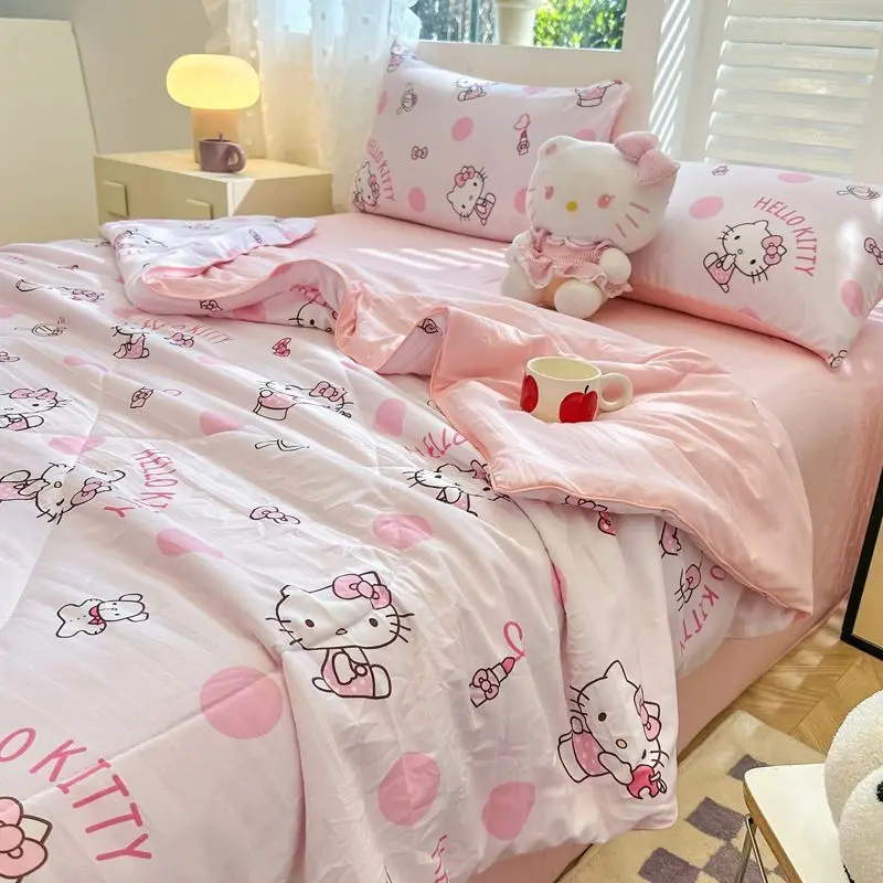 

New Cute Cartoon Hello Kitty Summer Thin Quilt (with Core) Sanrio Kuromi Washed Air Conditioning Thin Blanket Summer Cool Covers