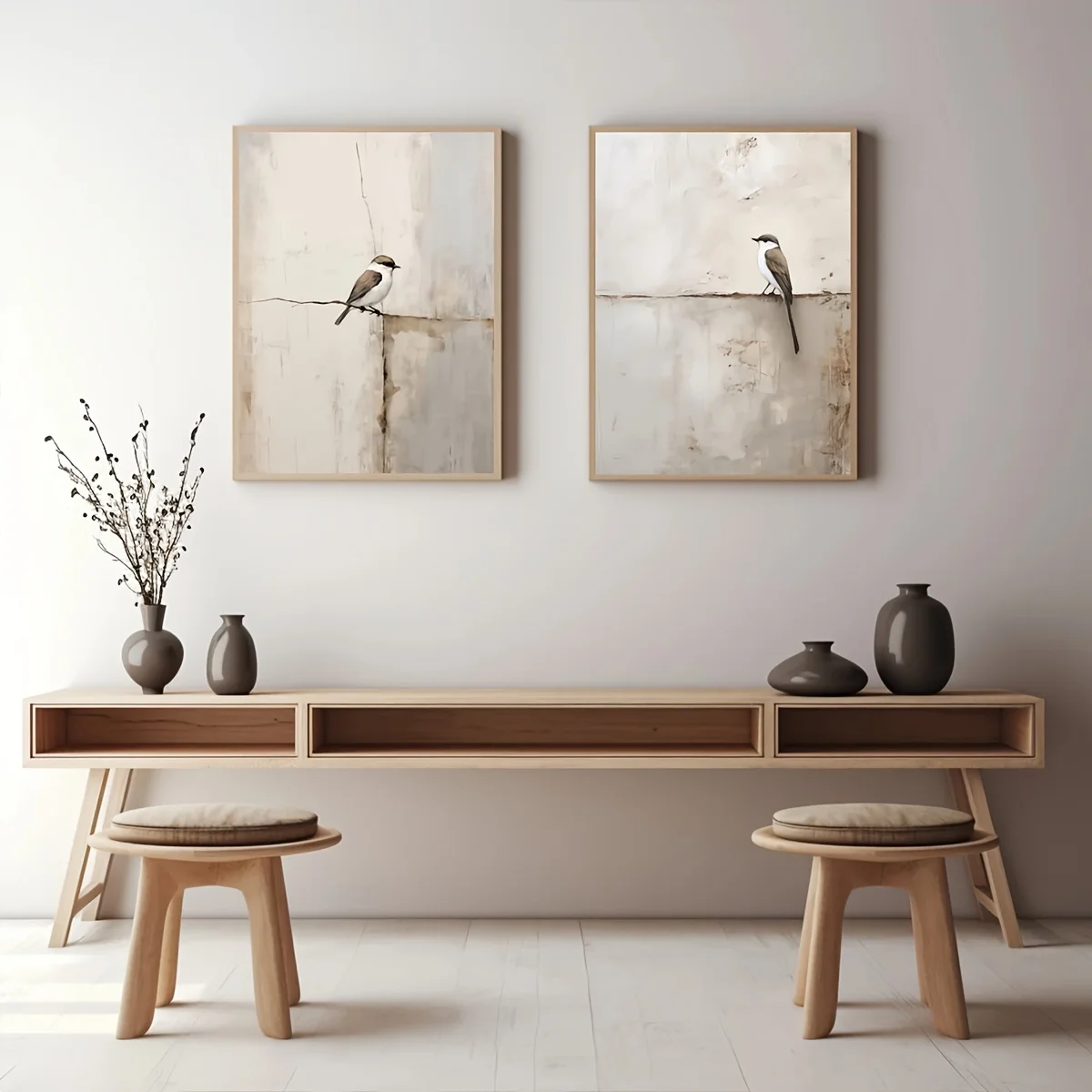 

Set of 2 Japandi Neutral Beige Wabi Sabi Wall Art Poster, Frameless Scandinavian Bird Canvas Poster for Living Room Decortions
