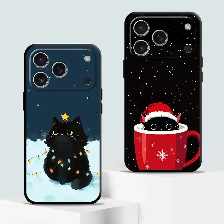 عيد الميلاد القط الأسود لينة غطاء الهاتف القضية آيفون 15 16 14 زائد 7 8 17 الهواء XR 13 12 11 17 برو ماكس XS ماكس