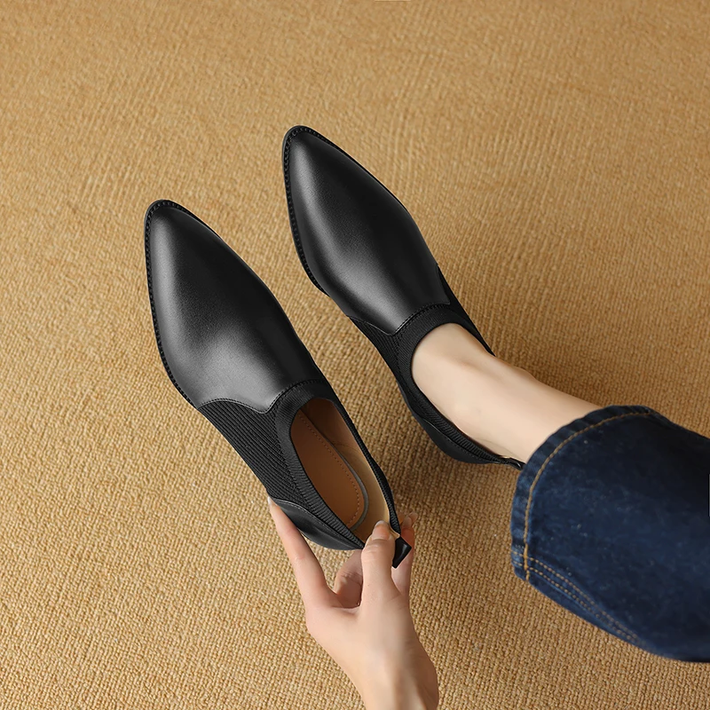 2026 new spring autumn women pumps natural leather plus size 22-26.5cm cowhide+fabric+pigskin pointed toe loafers women shoes