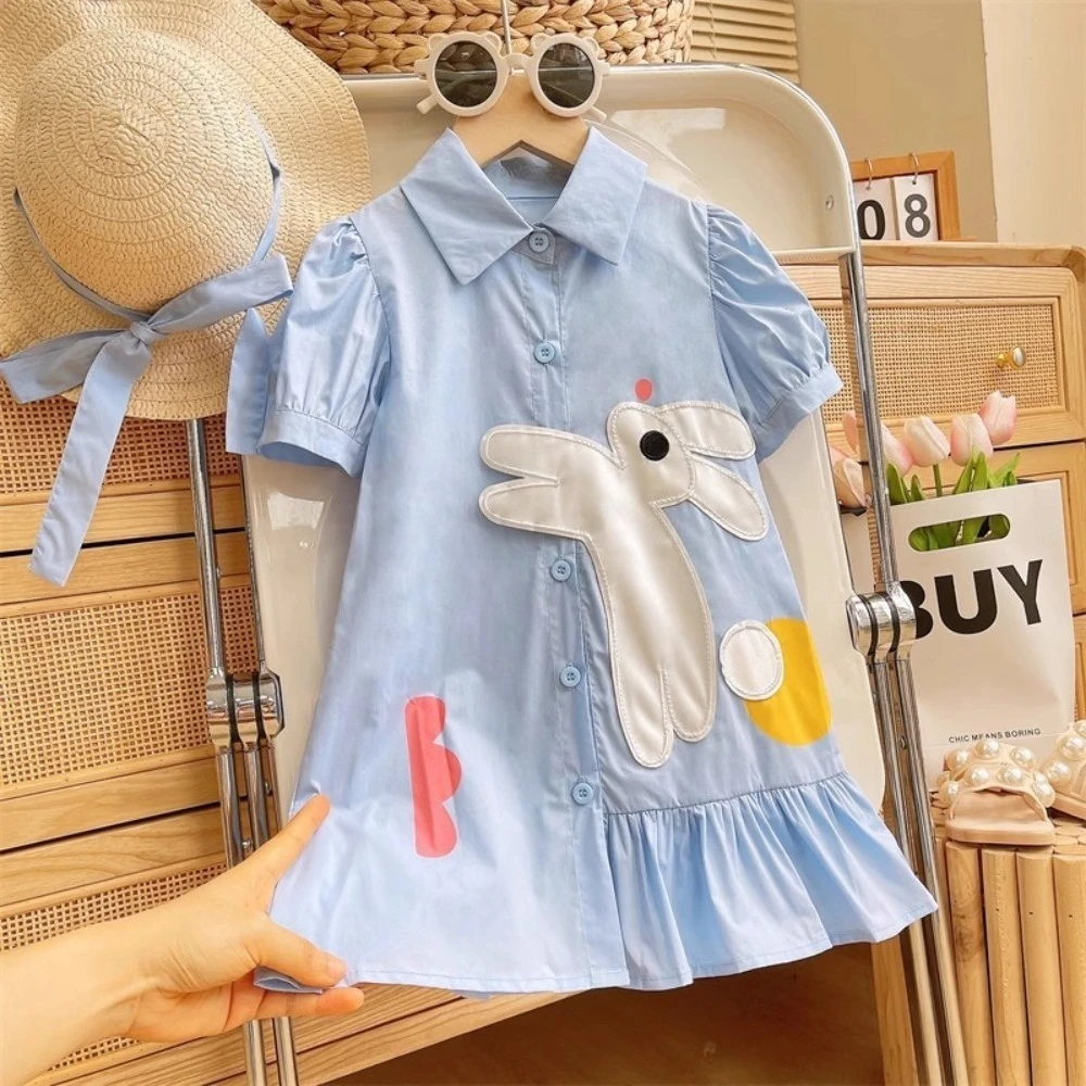 Summer New Korean Version Cute Blue Cartoon Rabbit Print Single Breasted Bubble Sleeve Dress Girls' Casual Clothes Aged 2-7