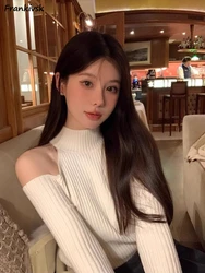 Off Shoulder Sweaters Women Slim All-match Solid Spring Autumn Mock Neck Temperament Hotsweet Y2K Advanced Sexy Long Sleeve New