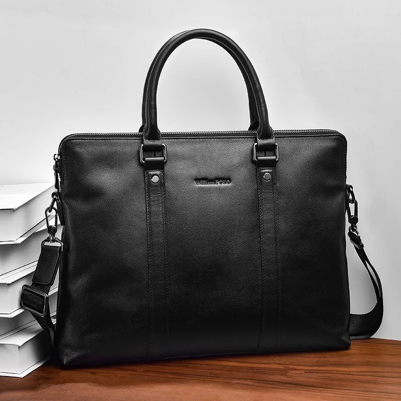 WILLIAMPOLO Genuine Leather Bussiness Briefcases Black for Men luxury handbags Laptop Briefcase Bags 14 inch Office Computer bag