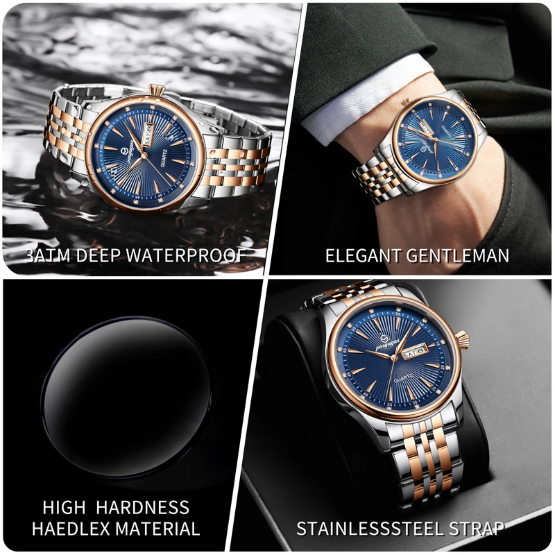 PENGAGAR Luxury Fashion Men Clock Waterproof Luminous Week Date Sports Man Wristwatch Stainless Steel Men's Quartz Watches Reloj