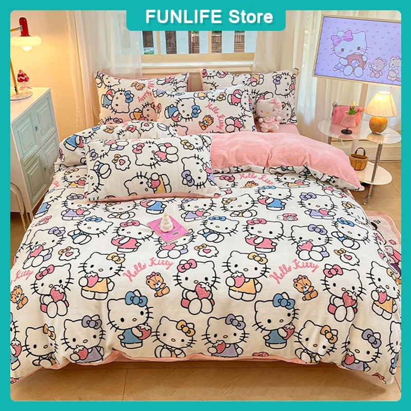 Cartoon Sanrio Series Bedding Hellokitty Kuromi Melody Velvet Duvet Cover Sheet Pillowcase 3/4pcs Set Plush Warm Bed Supplies