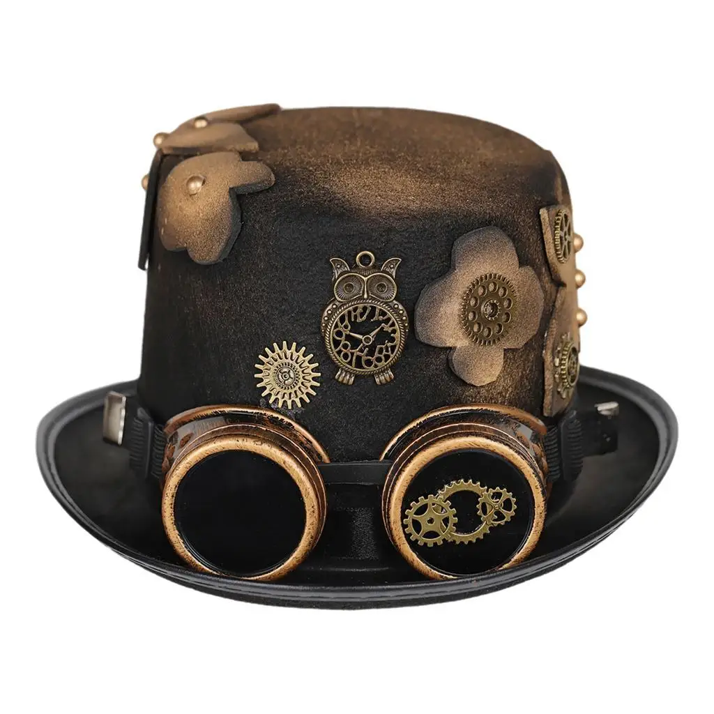 Cappello a cilindro gotico in oro nero Halloween con occhiali Steampunk Costume Gear