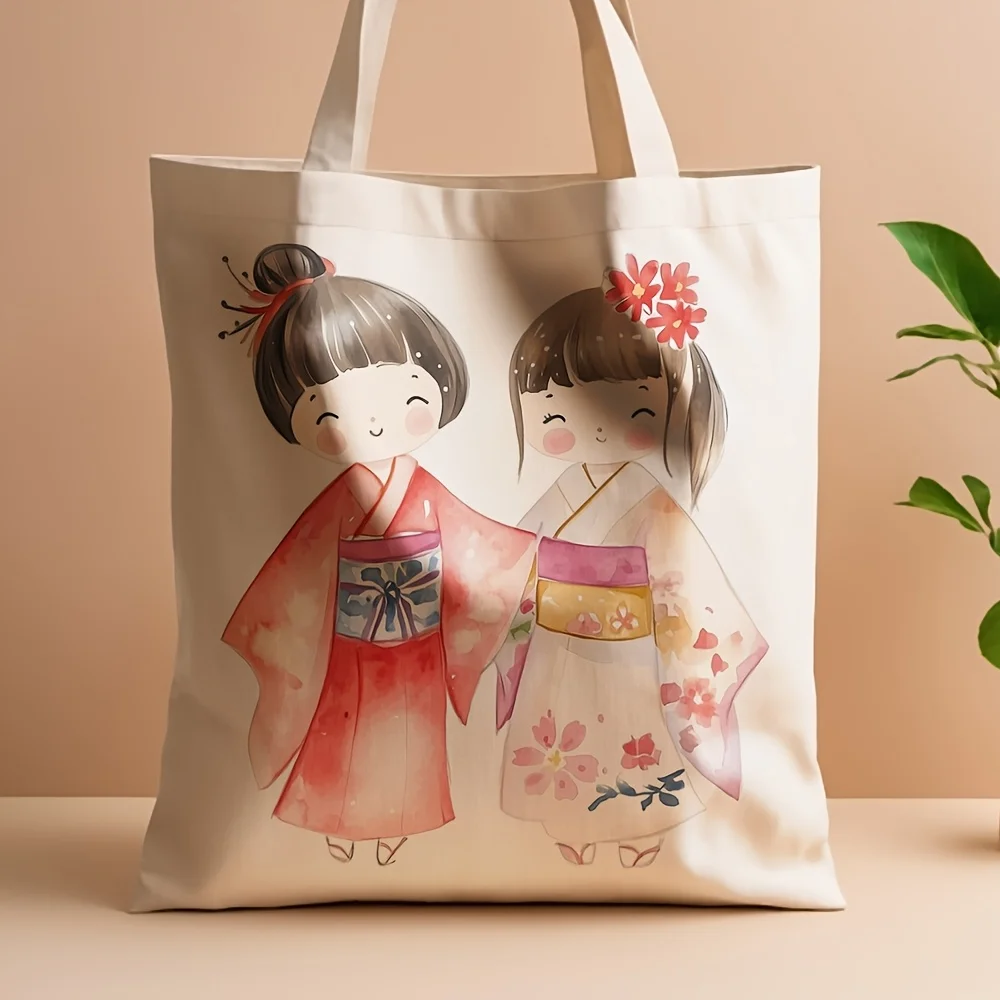 1pc Cherry Blossom Canvas Tote Bag - Reusable Grocery Shopping Bag with Japanese Kimono Design, Fashionable Carryall for Daily U