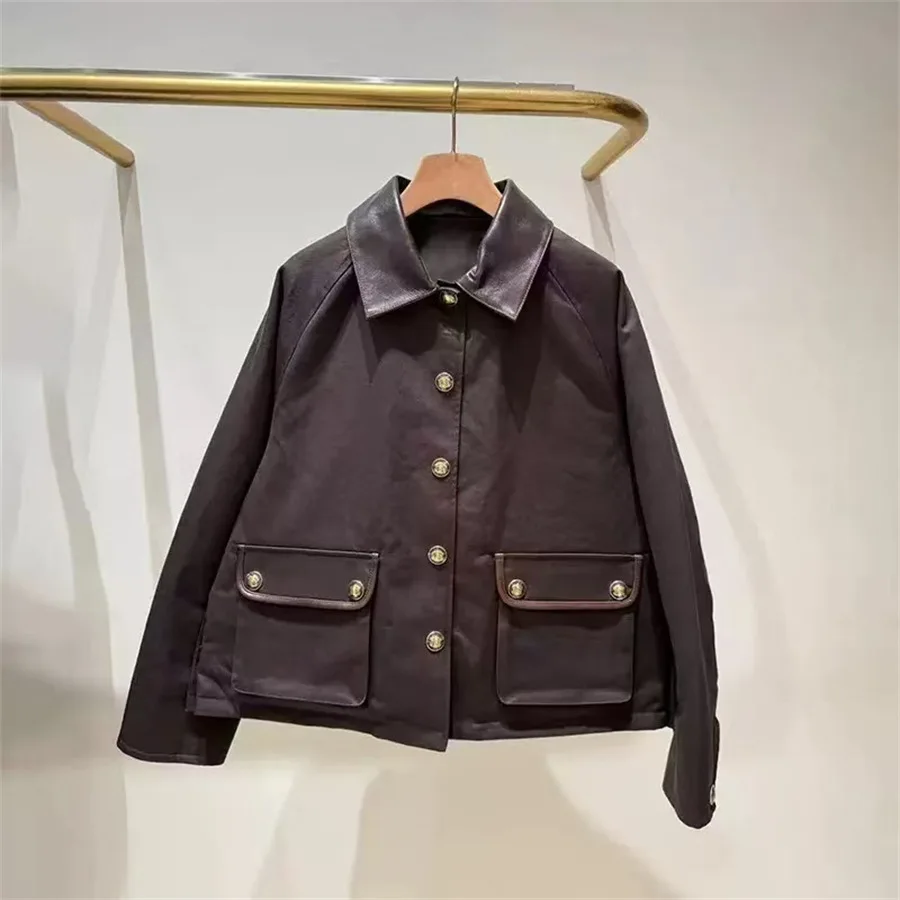 

【Gift Free】2025 Autumn Winter Quilted Diamond Padded Leather Collar Patchwork Utility Style Jacket Cotton Padded Coat for Women