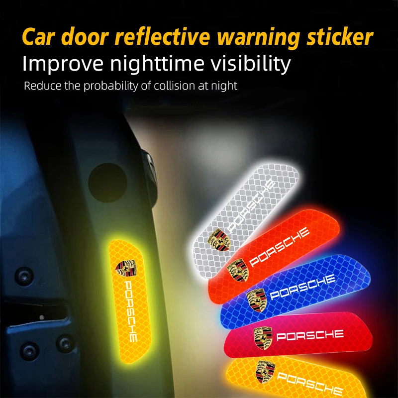 4Pcs Car Door Sticker Safety Warning Reflective Logo For Porsche Panamera Taycan 911 718 Macan Cayenne Boxster Cayman 918 Pajun