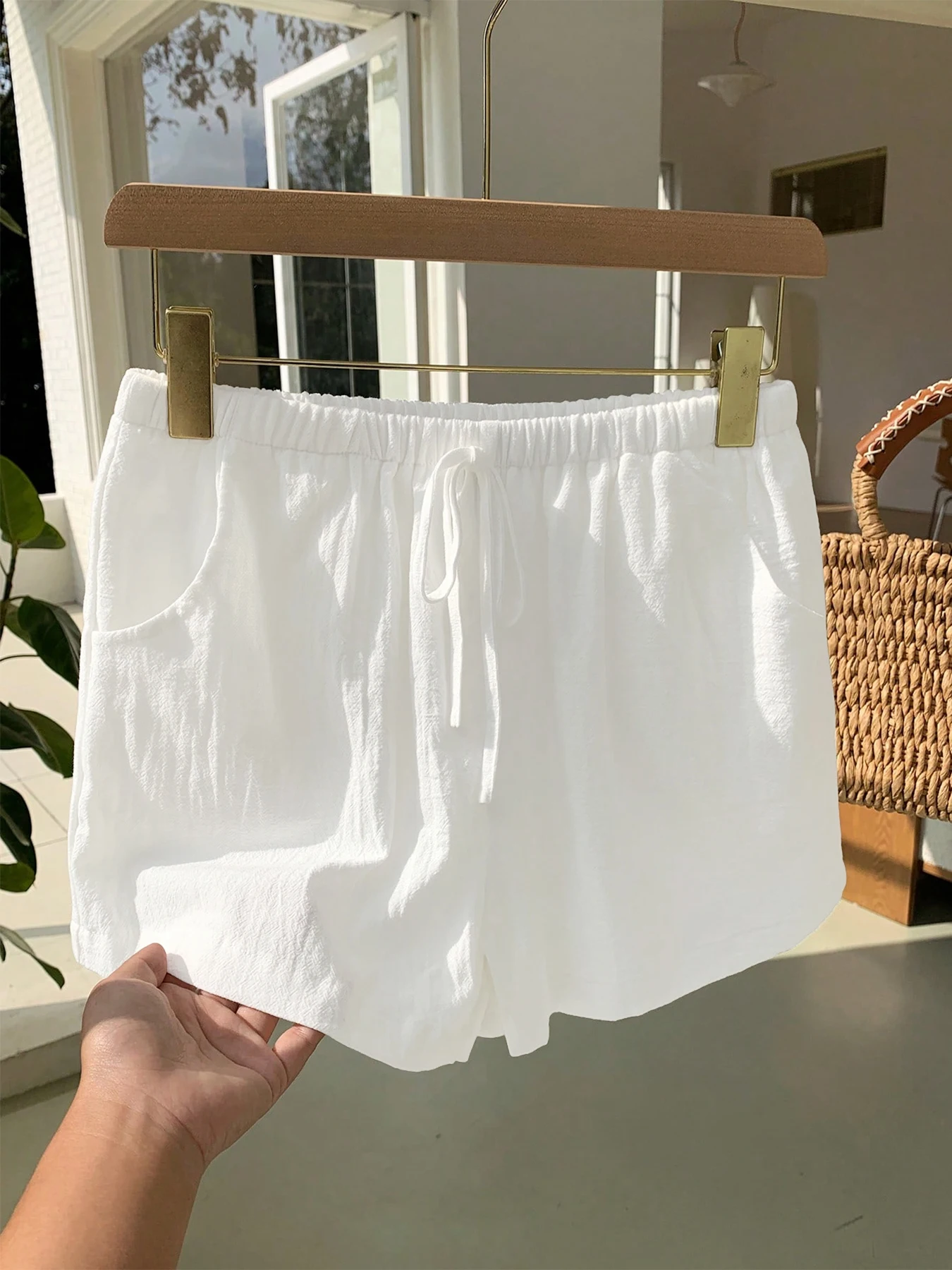 Ladies New Spring Summer Linen Solid Color Casual Sports Elastic Waist Drawstring Short Pants - Image 4