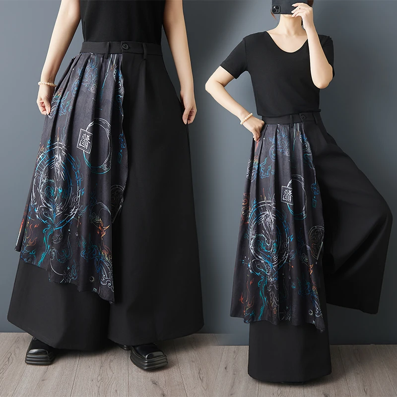 

New Summer Chinese Style Printed Wide Leg Pants Slimming Casual Asymmetrical Patchwork Versatile High Waist Nine Points Polye...