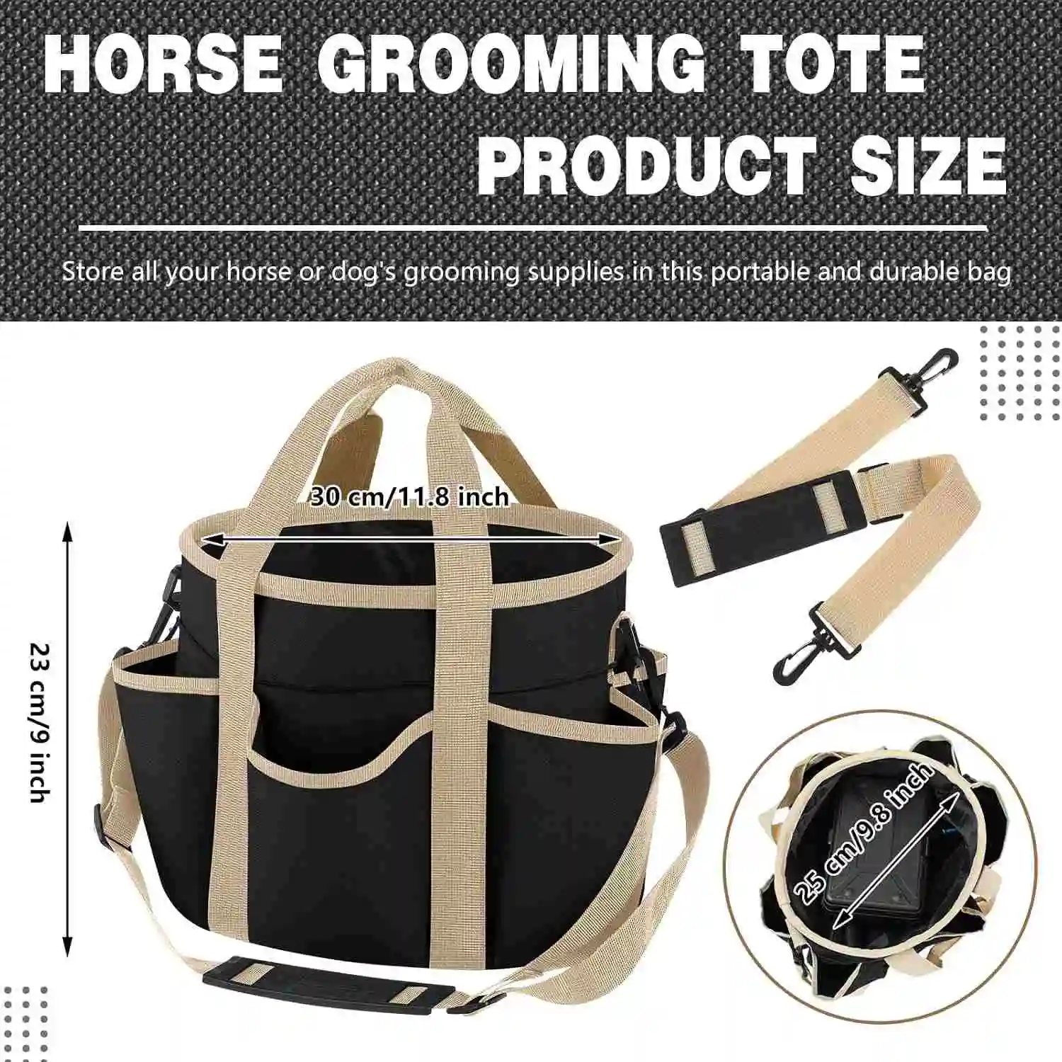 Horse Grooming Bag Large Zip Top Equestrian Tote w/Multiple Pockets, Handles & Adjustable Shoulder Strap, Padded Feet