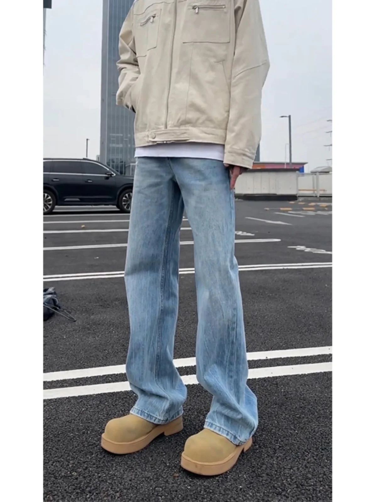 

High Waist Straight Leg Blue Jeans Men's Fashion Slimming Tapered Cuffed American Street Style Casual Wear Spring Season