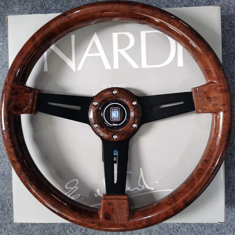 JDM Universal 14inch 350mm Car Nardi Steering Wheel Flat Corn Wood Film Modified Sports Steering Wheel With ND Horn Button