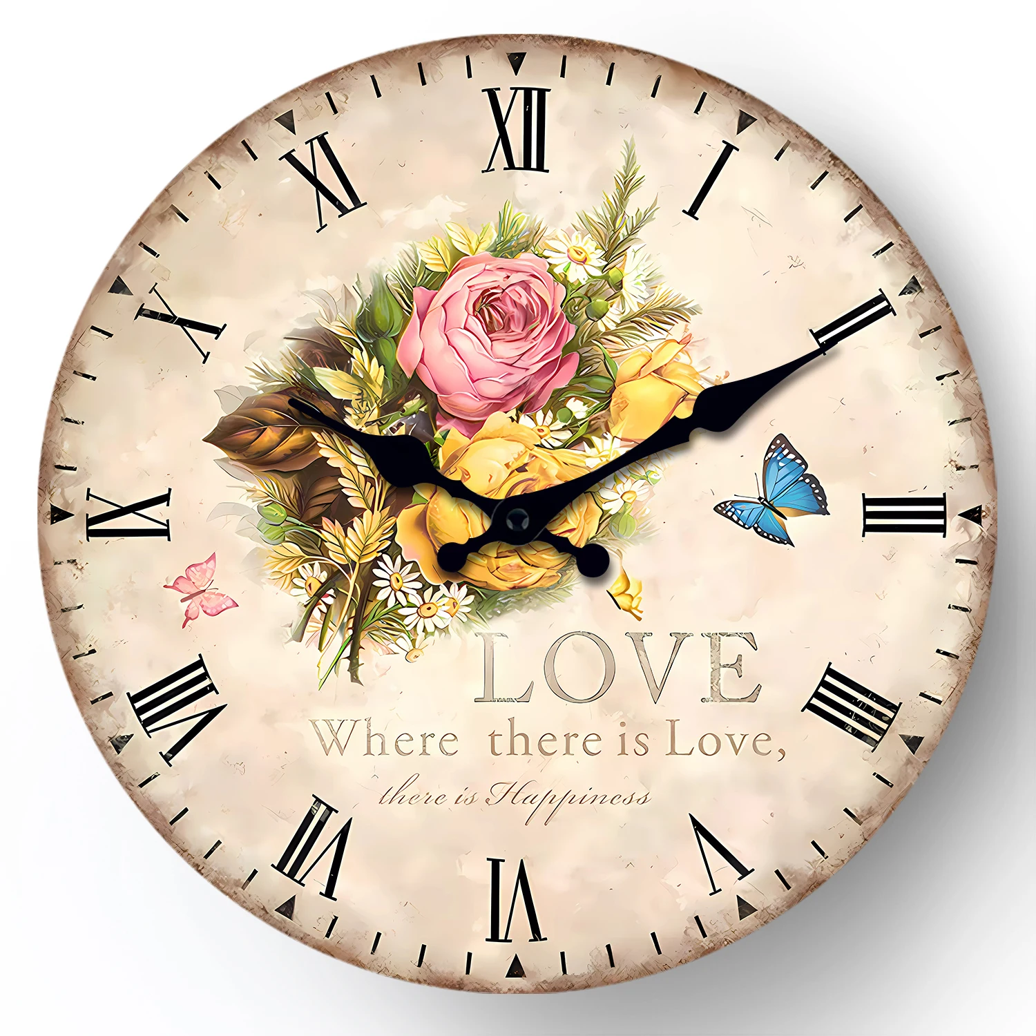 European-Style Floral Blue Butterfly Pattern Wooden Wall Clock for Living Room, Bedroom, Kitchen, Home Decoration, Silent Quartz Clock, Holiday Gift, 10 Inches, 12 Inches (No Battery)