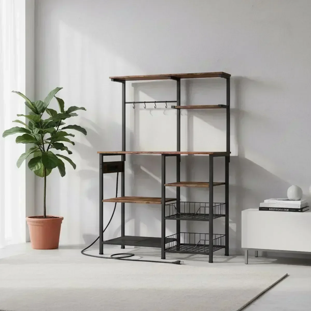 Rustic Brown Black 6 Tier Kitchen Baker s Rack with Power Outlets and Hooks Multi-Purpose Shelf