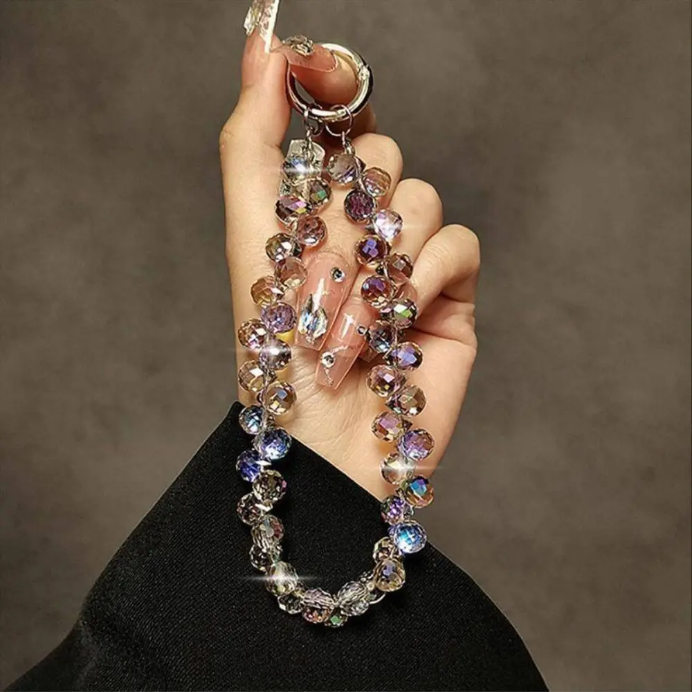 Stylish Glitter Crystal Bead Pendant Transparent Colorful Wrist Crystal Chain Detachable Phone Lanyard for Women Girls