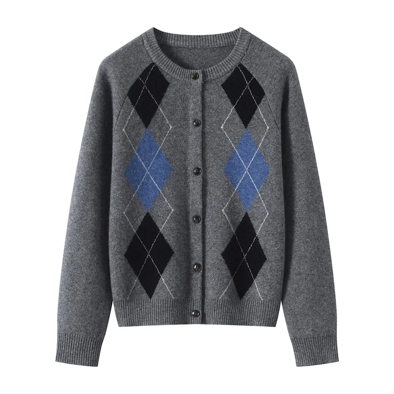 **Pure 100% Cashmere Cardigan Women knit Autumn 2026 Diamond Pattern European Luxury Color Block Knit Sweater Coat Warm Stylish*