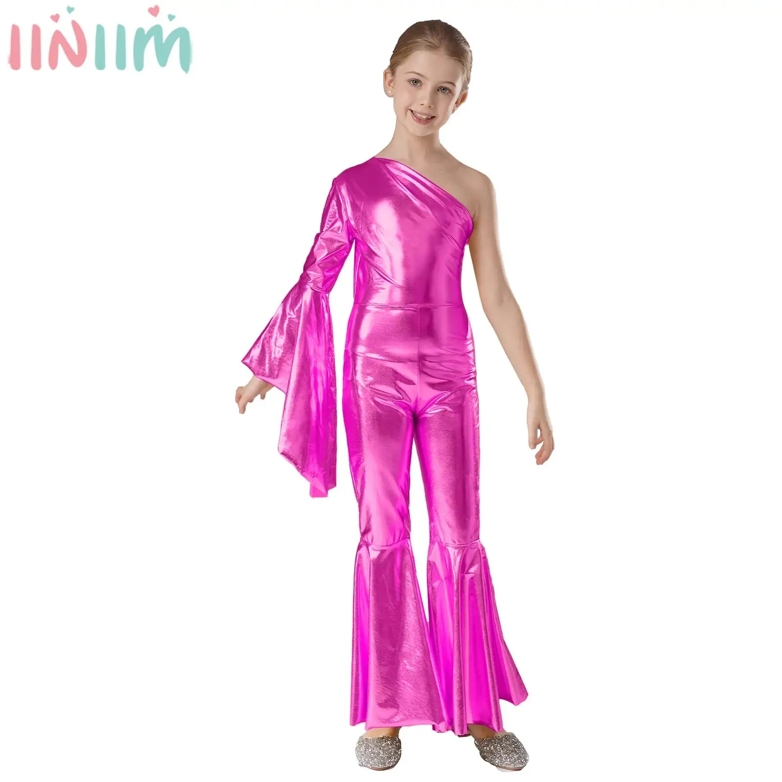 Children Girls Metallic Shiny Bell-Bottom Jumpsuit Retro Disco Cheerleading Jazz Dance Performance Clothes Cosplay Party Costume