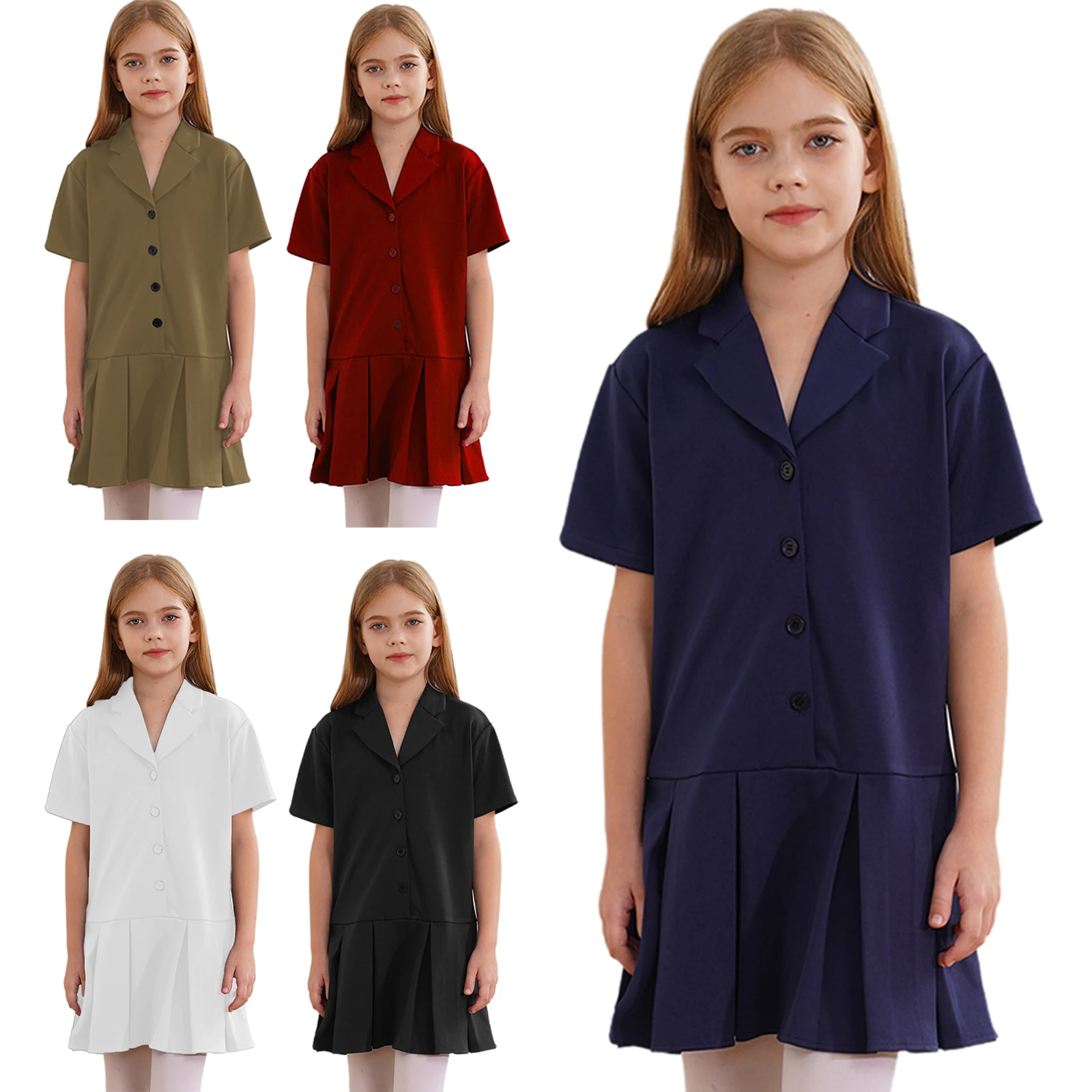 Uniforme scolaire pour filles, robes pour spectacle de danse, robe plissée boutonnée, col cranté, manches courtes, documents solides décontractés, enfants