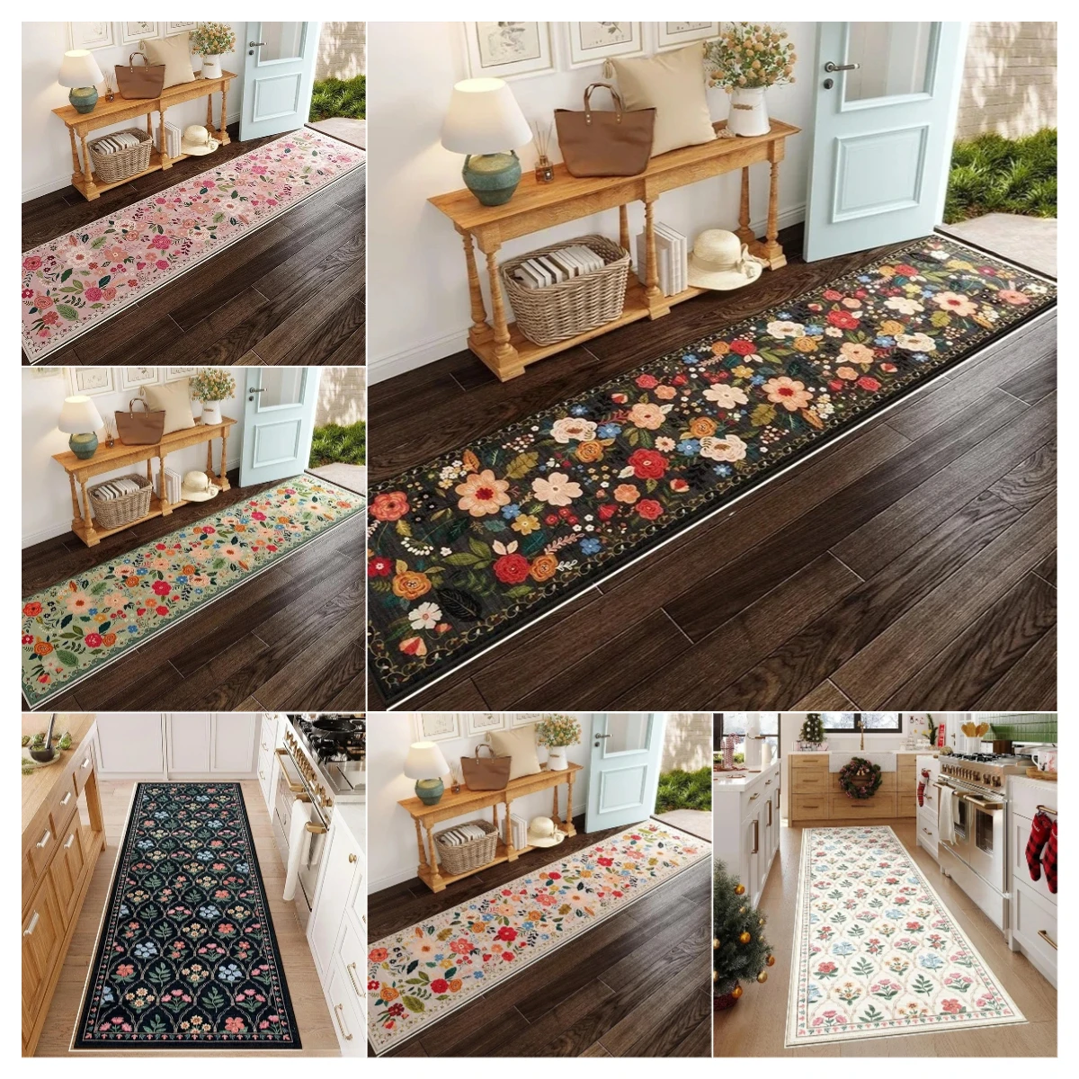 Colorful Floral Long Runner Rug Multi Use for Entryway Bedroom Balcony Camping Soft Durable Non Slip Home Decoration Carpet