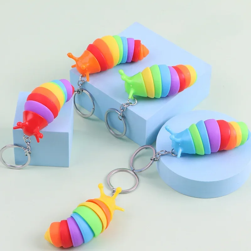 Creative Rainbow Color Caterpillars Keychain Relaxing Plastic Animal Keyring for Women Men Car Handbag Phone Case Pendant Gifts