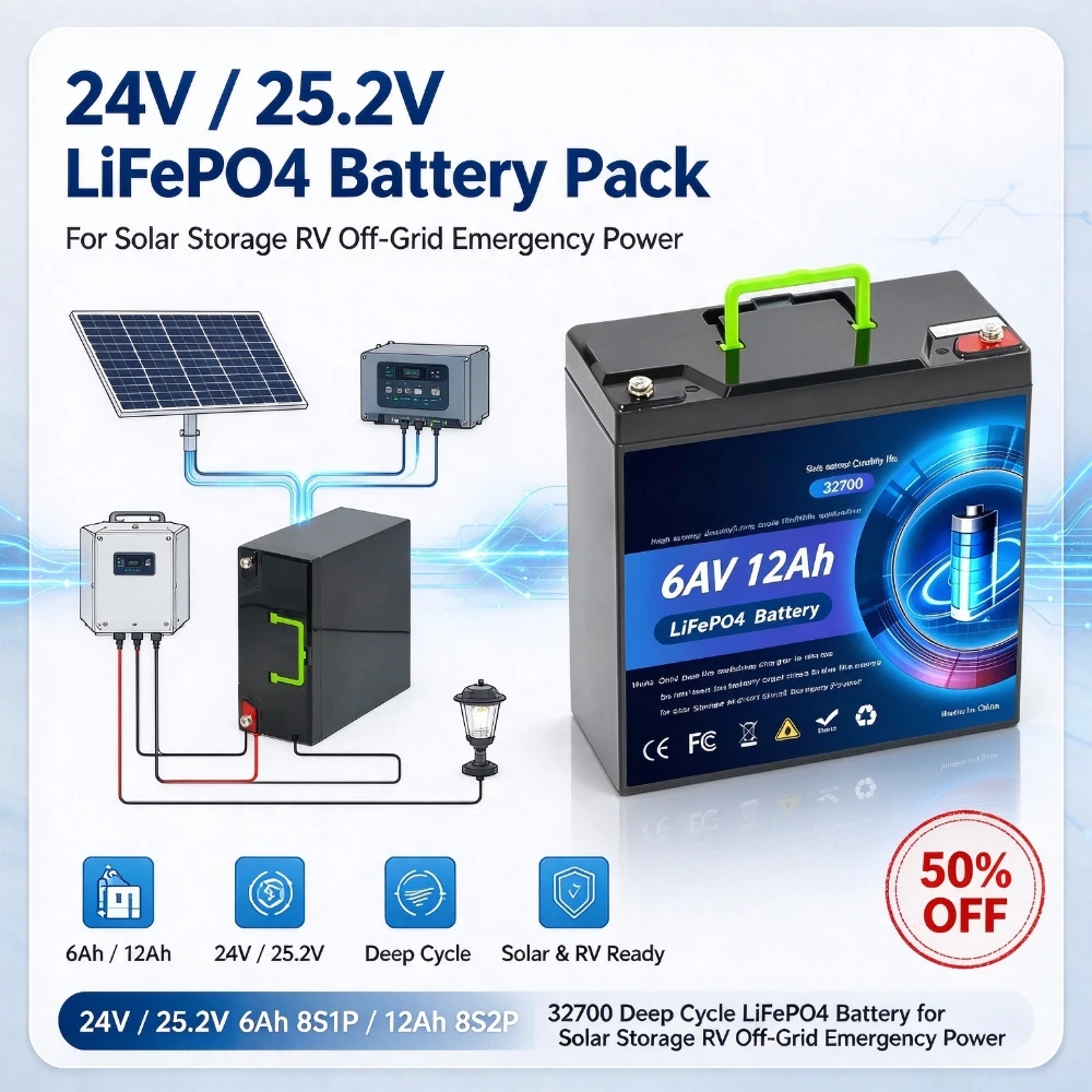 24V / 25.2V 6Ah 8S1P / 12Ah 8S2P 32700 Deep Cycle LiFePO4 Rechargeable Battery for Solar Storage RV Off-Grid Emergency Power