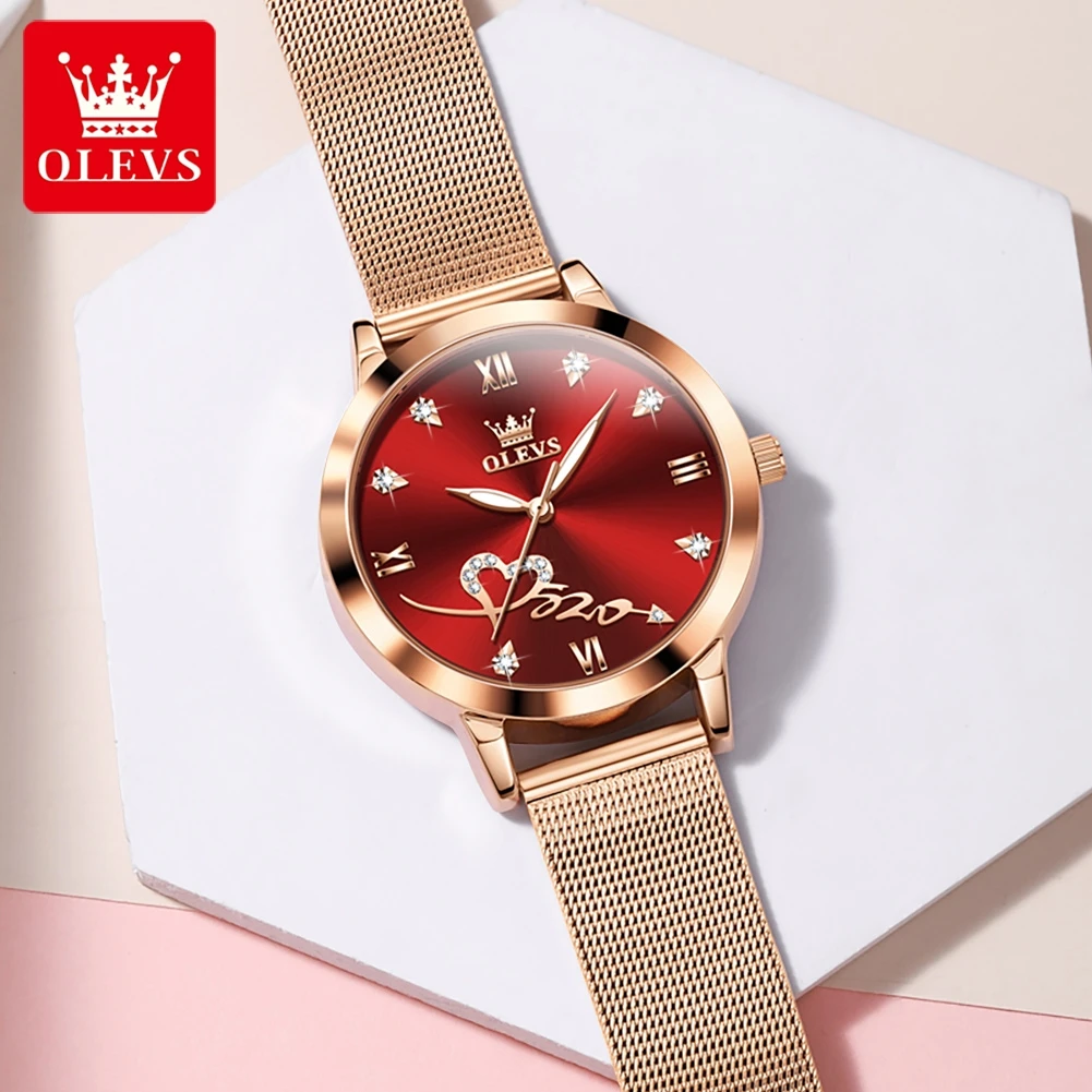 OLEVS Original Luxury Brand Women's Watches Waterproof Milanese Mesh Belt Quartz Watch Red Love Dial Elegant Lady Wristwatch