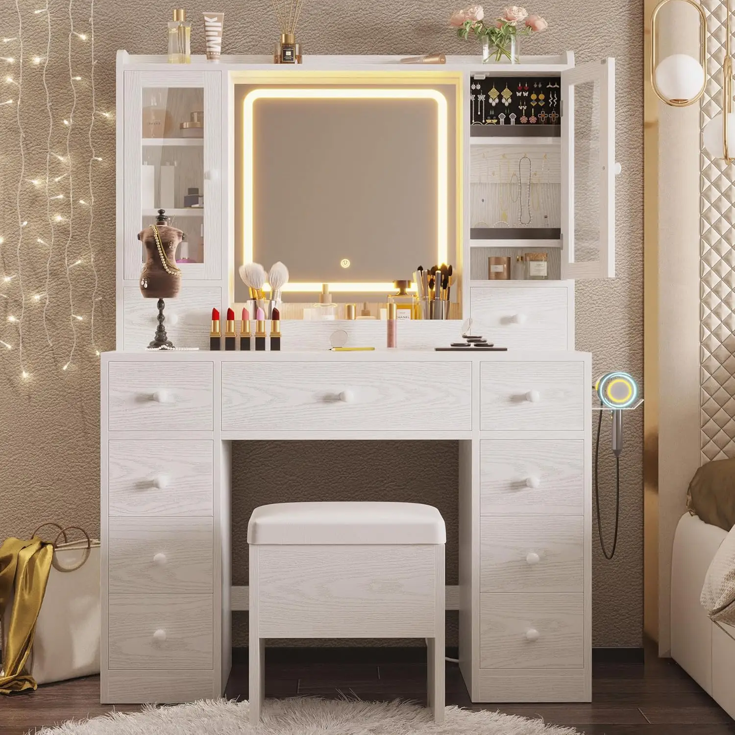 Vanity Desk with LED Lights Mirror and Charging Station, Makeup Vanity Table with Jewelry Armoire, Storage Bench, and 11