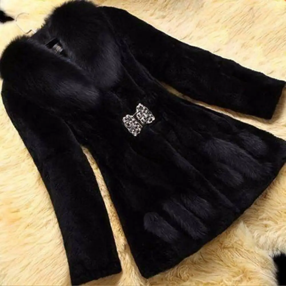 Women Winter Coat Fuzzy Faux Fur MId Length Rhinestone Buckle Elastic Slim Waist Solid Color Thick Outerwear Celebrity Prom Part