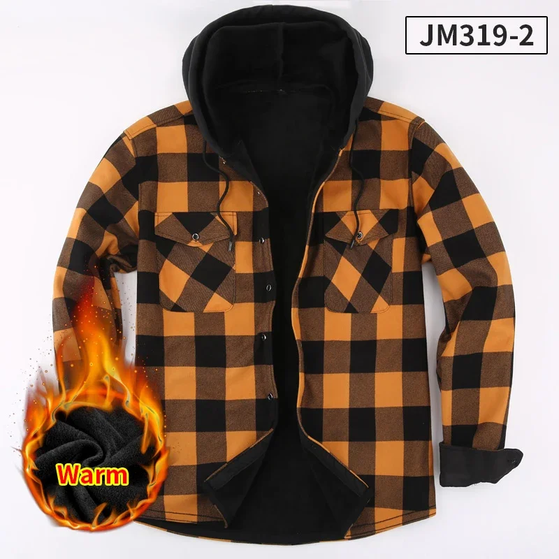 Adding Velvet and Thickening Long-sleeve Shirts Fashion Korean Popular Clothes Winter for Men Casual Hooded Jacket Plaid Tops