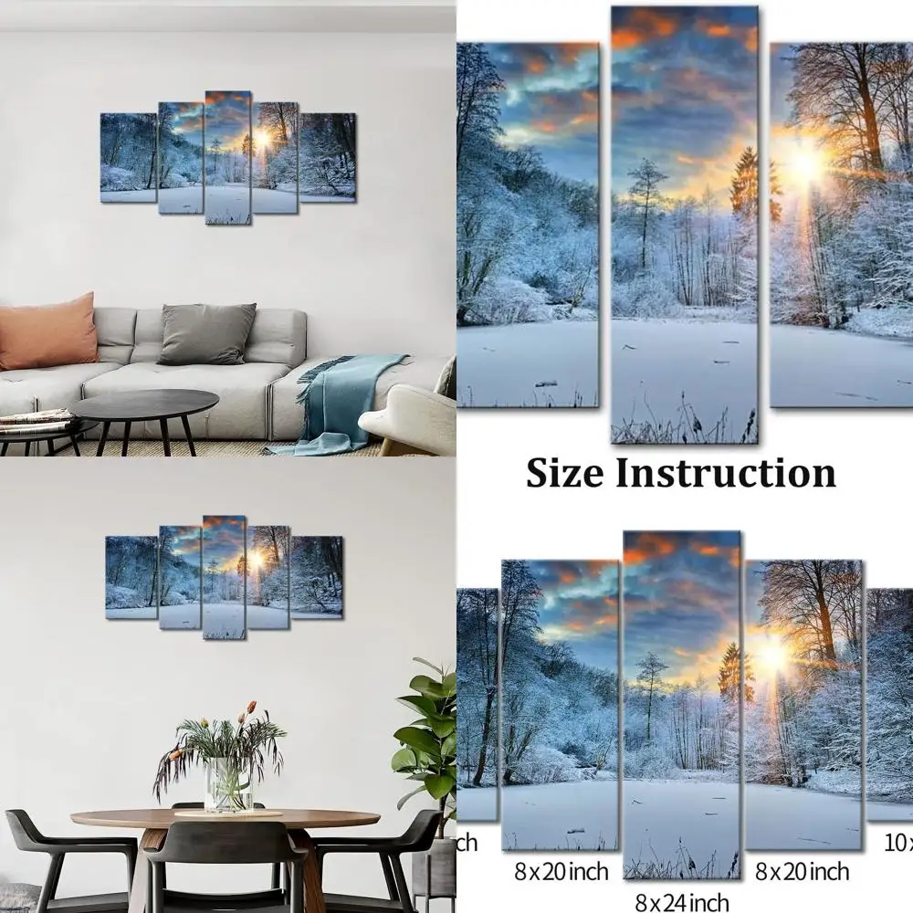 

Современный зимний пейзаж из 5 предметов: снежный лес, гора, восход и закат