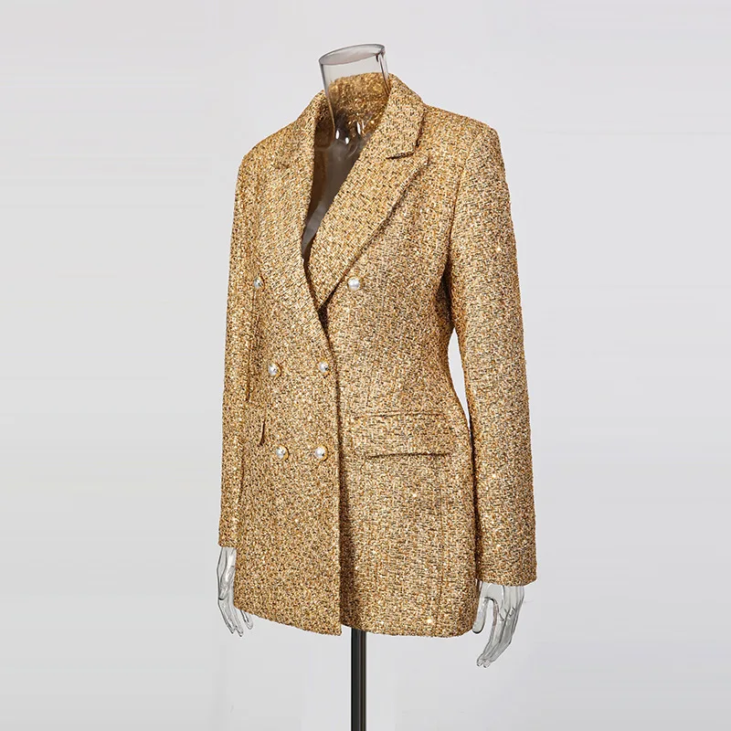 HKSH Spring Autumn New Women Blazer Tweed Double Breasted Notched Collar Pockets Slim Fit Elegant Fashion High-end Coats HK16260