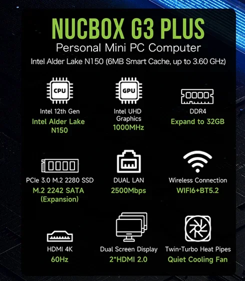 GMKtec G3 PLUS Intel Twin Lake N150 كمبيوتر صغير Windows 11 Pro DDR4 RAM NVMe SSD WIFI6 BT5.2 سطح المكتب مكتب كمبيوتر صغير ألعاب الكمبيوتر