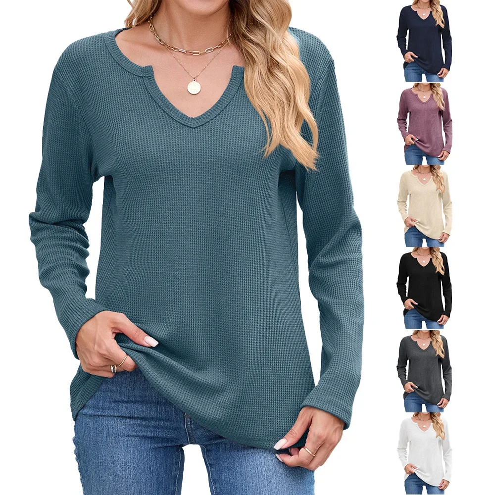 

Autumn Winter New Style Cross-Border Fashion Women's Wear Loose Long Sleeve V-Neck T-Shirt Women's Pure Color Waffle Pattern Top
