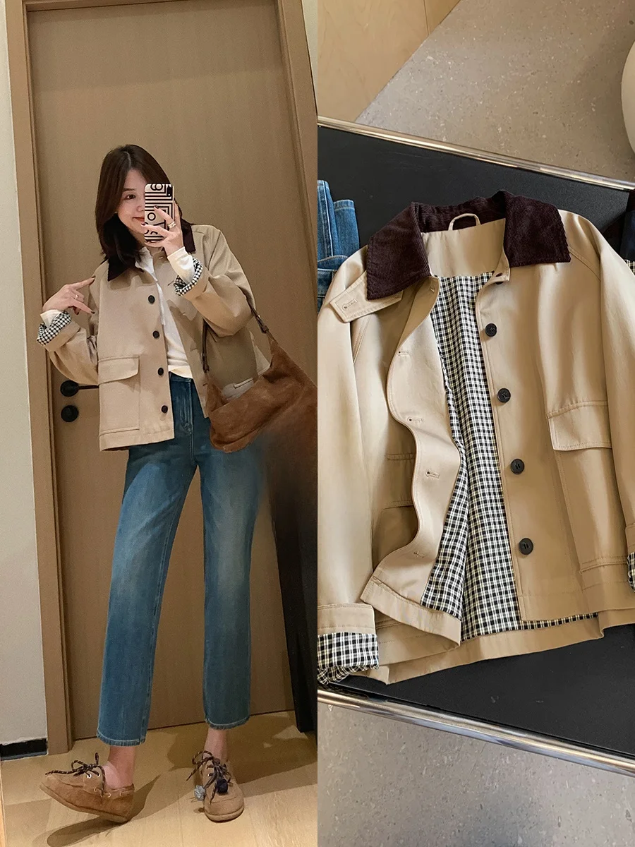 

Waterproof Corduroy Jaet Small He Sle Casual Loose Fit Women's Coat Flip Collar Outerwear Cotton Polyester Blend