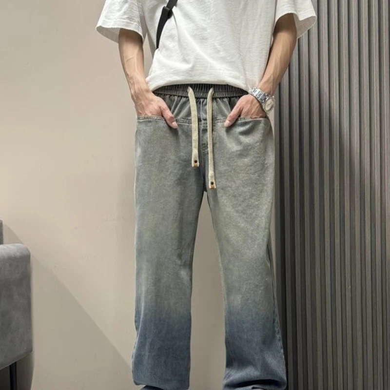 

Harajuku Fashion 2025 Korean Vintage Work Jeans Brand High-end Men's Cargo Autumn Straight Wide Leg Trousers Drawstring Pants