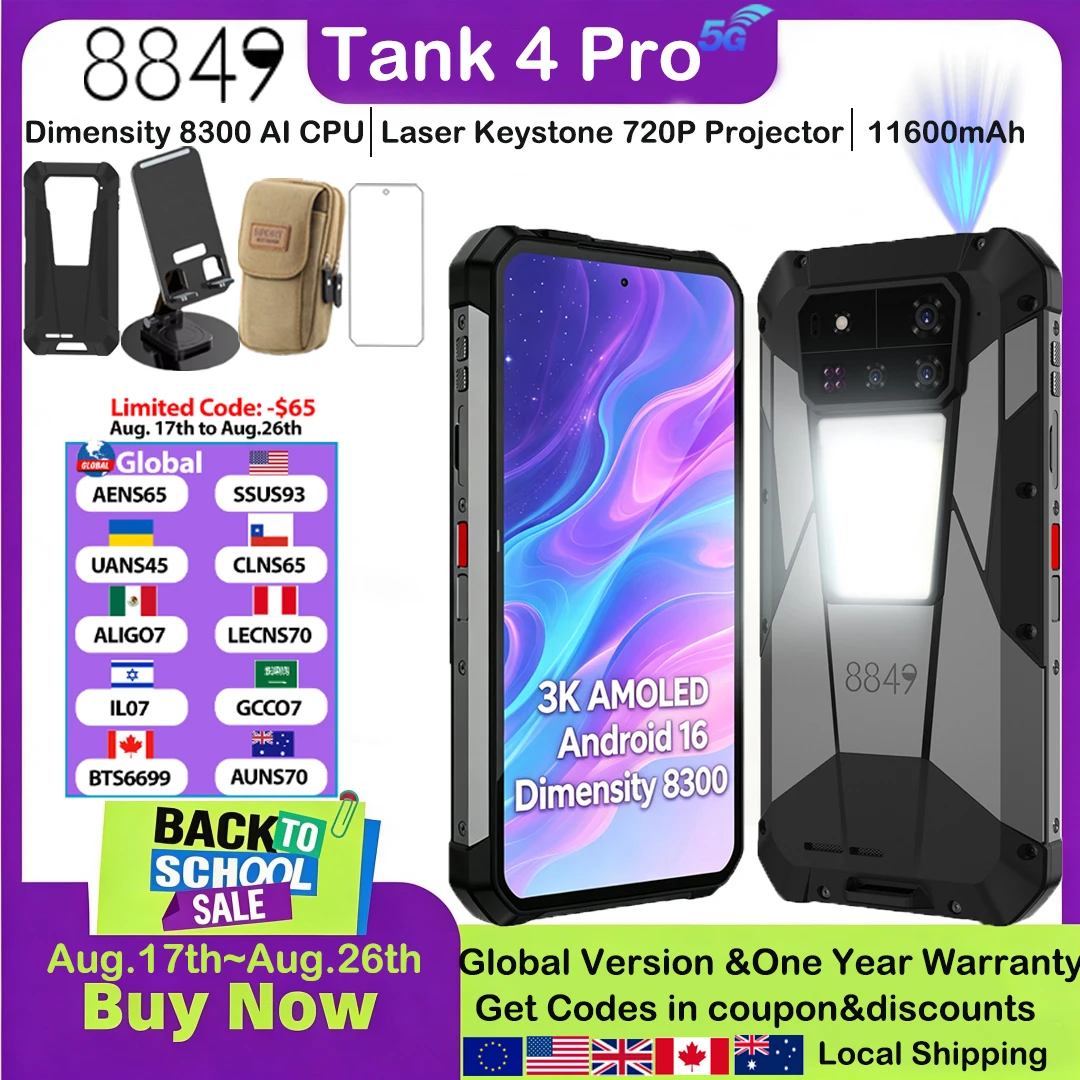 8849 Tank 4 Pro Unihertz 5G Robustes Projektor-Smartphone 1TB 36G Android 14 Sport-Handy 11600mAh Dimensity8300 AMOLED 120HZ