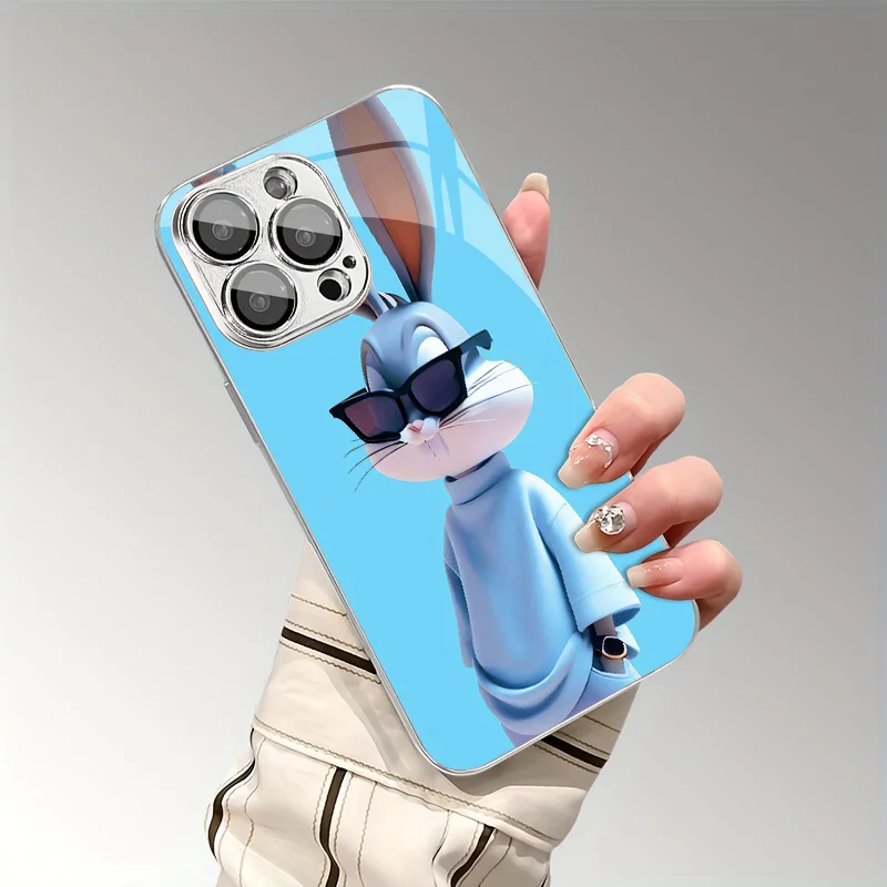 New rabbit-pattern glass electroplated phone case, electroplated with glass, suitable for iPhone 17, 16, 15, 14, 13, 12, 11, etc
