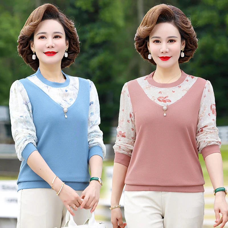 

Spring and Autumn Fashion Sweet Hollow Chiffon Shirt Chiffon printing Stitching Sleeve Lace Blouse Female Women Tops